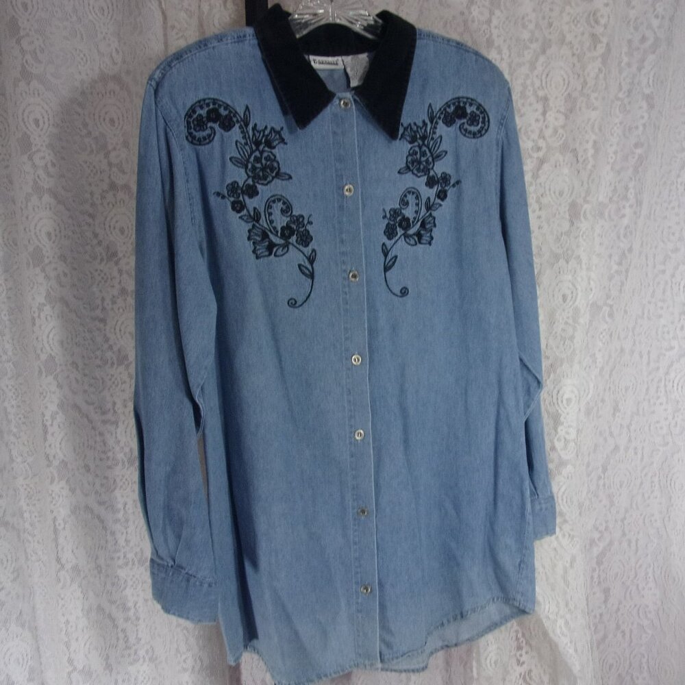Capacity Denim Blue Shirt with Black Embroidered Design  Velvet Collar